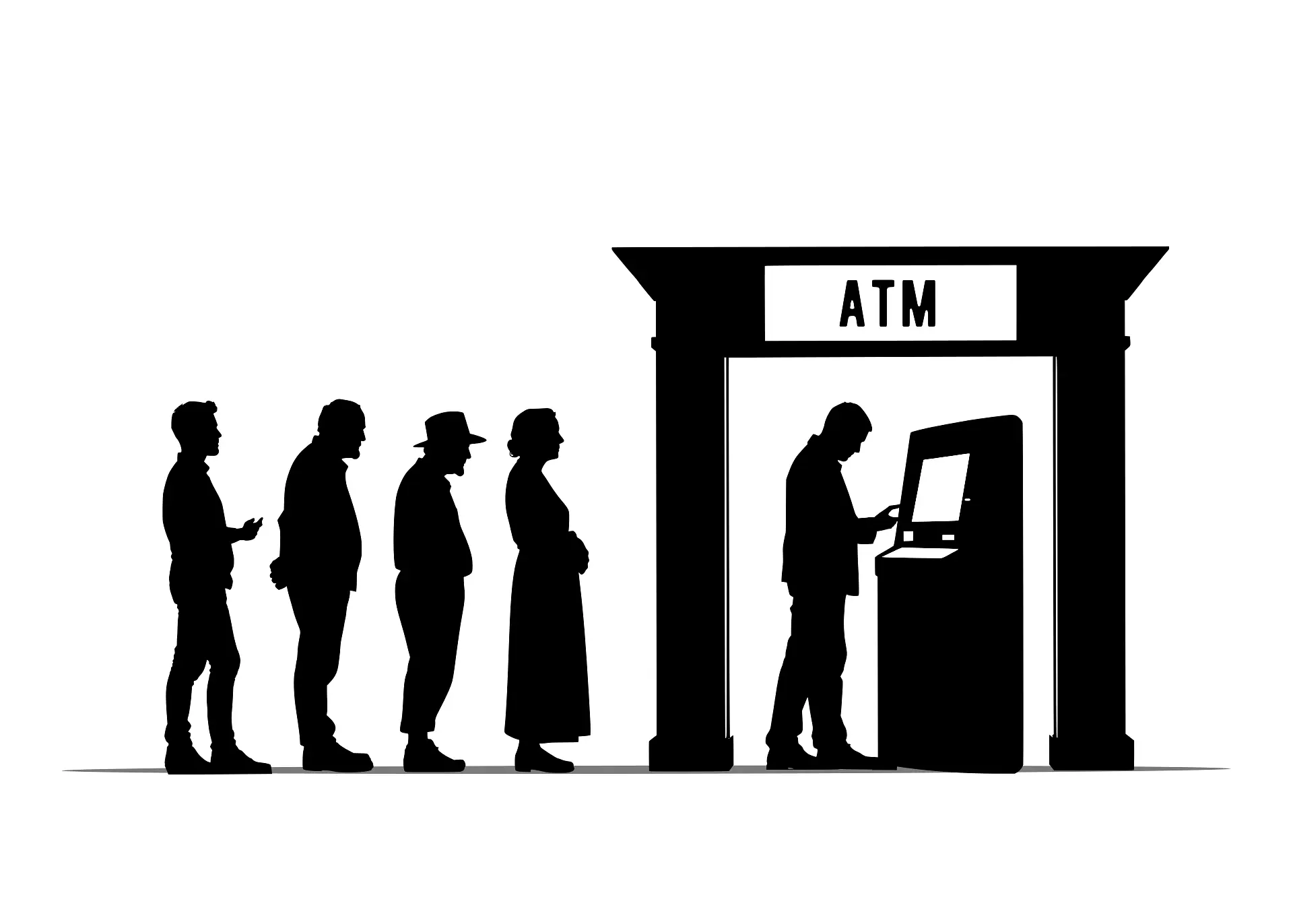 Illustration: Silhouetten von Menschen, die vor einem Automaten anstehen